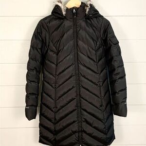 Eddie Bauer down filled puffer black fur trimmed hooded parka women’s size XS